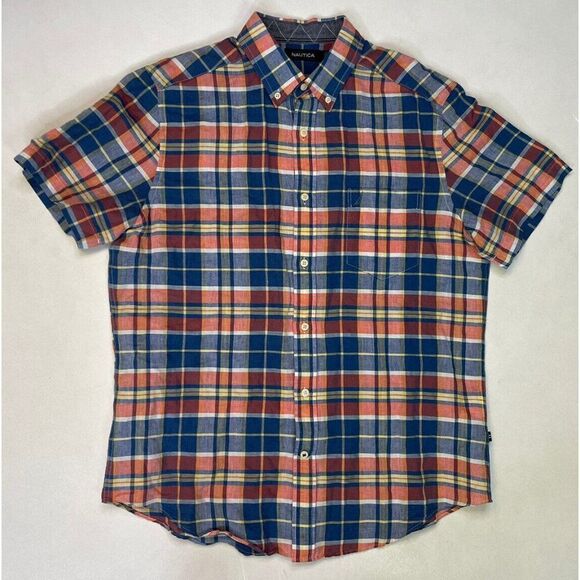 NAUTICA Plaid Linen Blend Button Up Shirt Men Medium Multicolor Short Sleeve - Picture 1 of 7